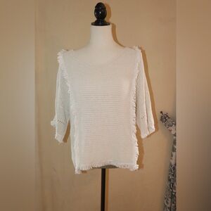 White V Neck Sweater with Fringe Detail